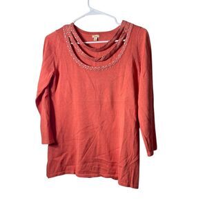 Reba Women's 3/4 Sleeve coral Blouse Beaded Neckline Size S Casual